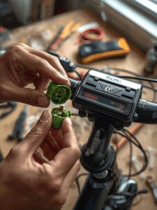 Close-up of disconnecting the green waterproof display connector to fix RadPower Error 30 and Bafang communication faults on an e-bike