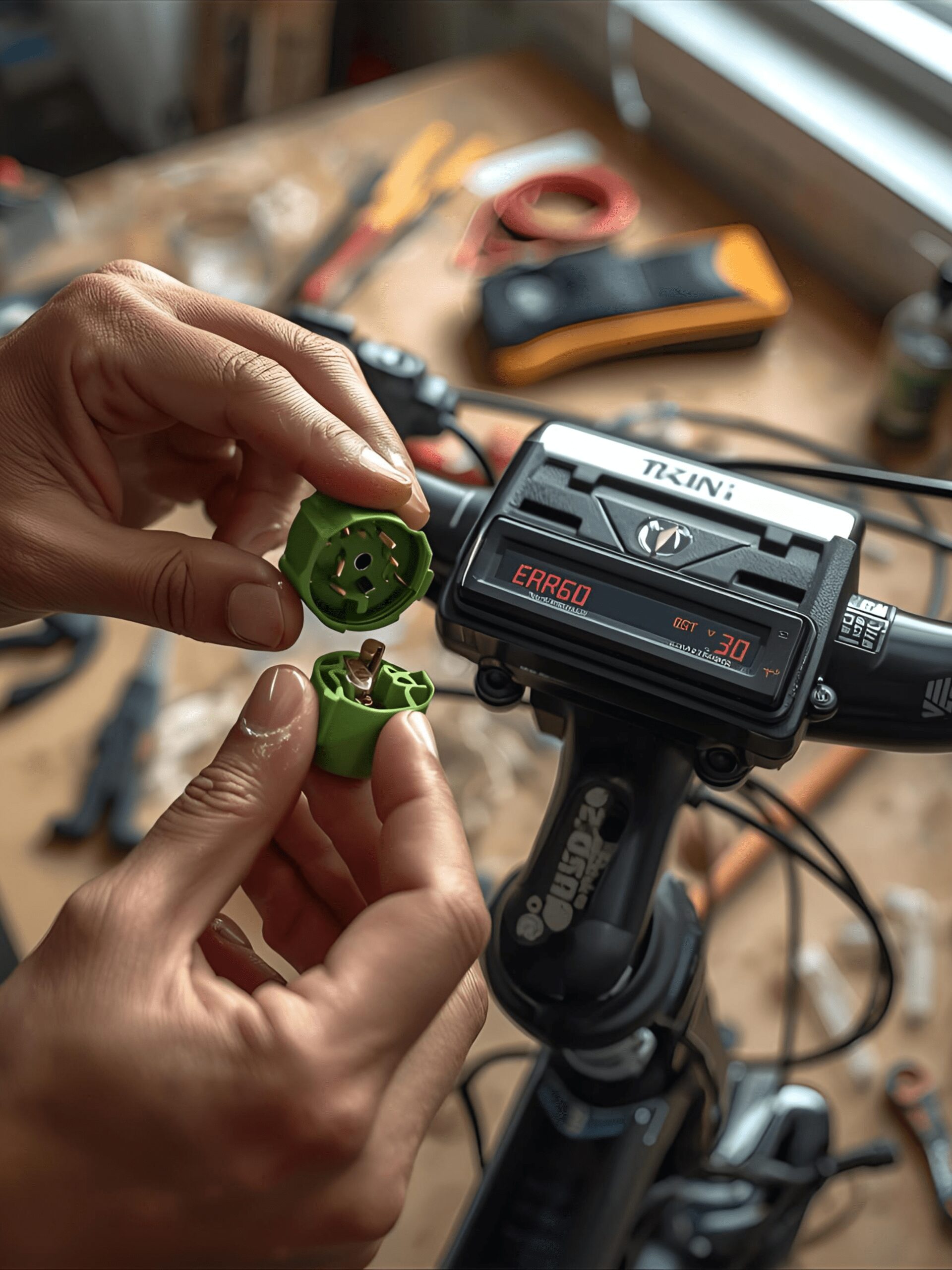 Close-up of disconnecting the green waterproof display connector to fix RadPower Error 30 and Bafang communication faults on an e-bike