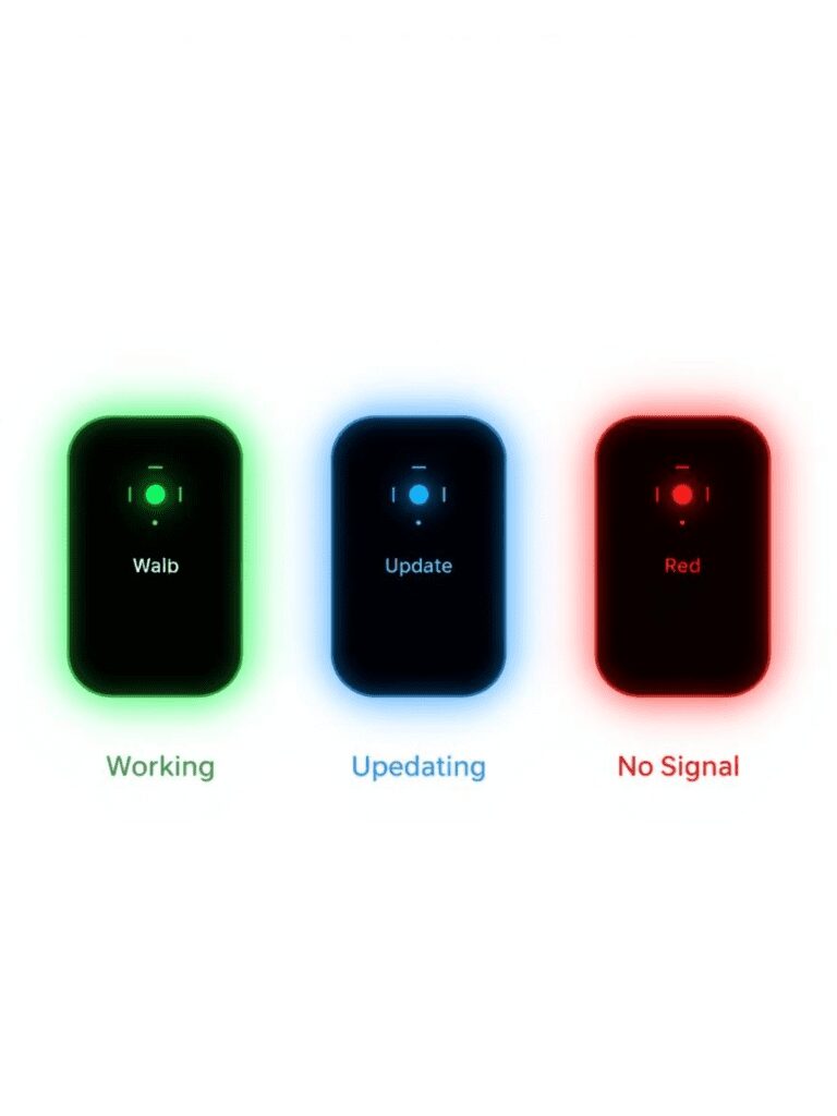 Jio AirFiber LED status chart showing Green (Online), Blue (Updating), and Red (Error) light meanings.