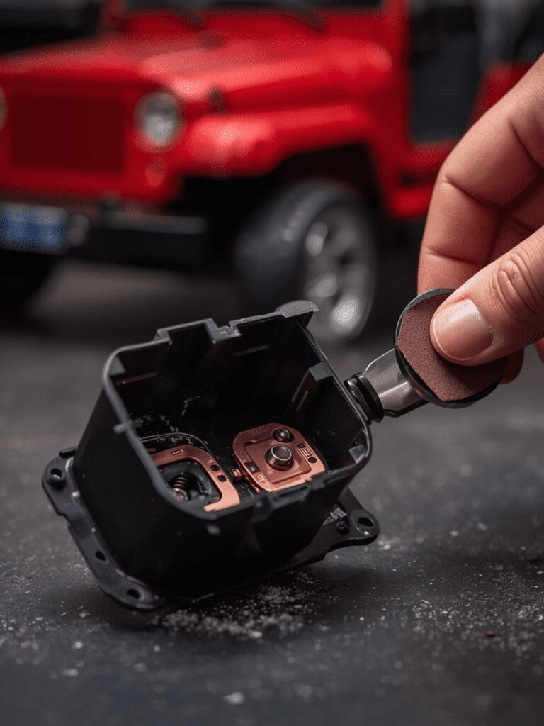 Cleaning dirty copper contacts inside a Power Wheels foot pedal switch to fix ride-on car that clicks but won't move